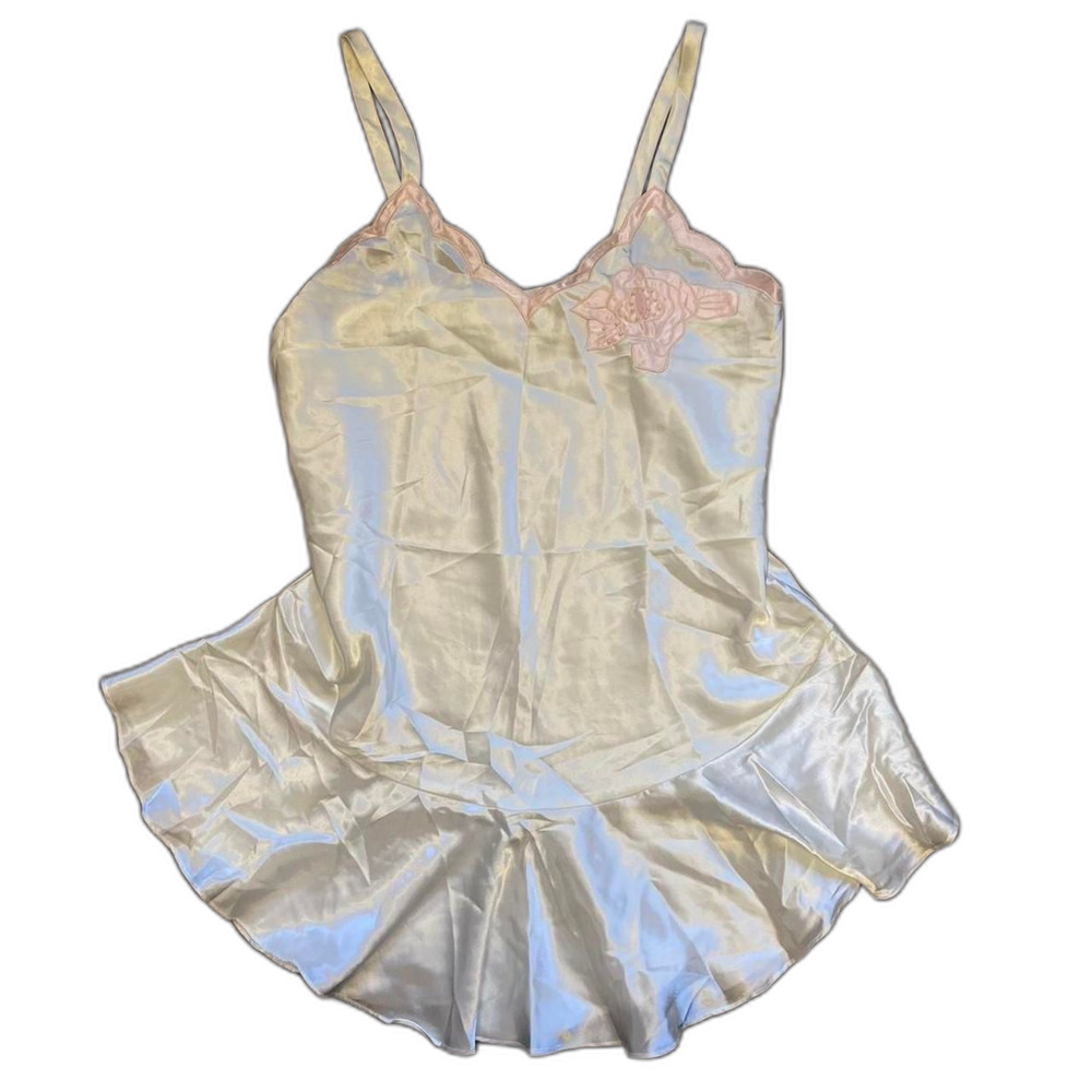 Victoria Secret Gold Tag Cream and Pink Beaded Flower Slip Dress - Picture 1 of 4